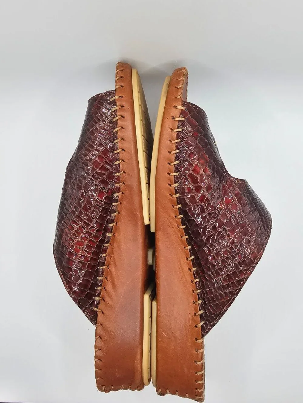 La Plume Burgundy Snake Print Leather Slide Sandals Italian adjustable SZ 6-7 US